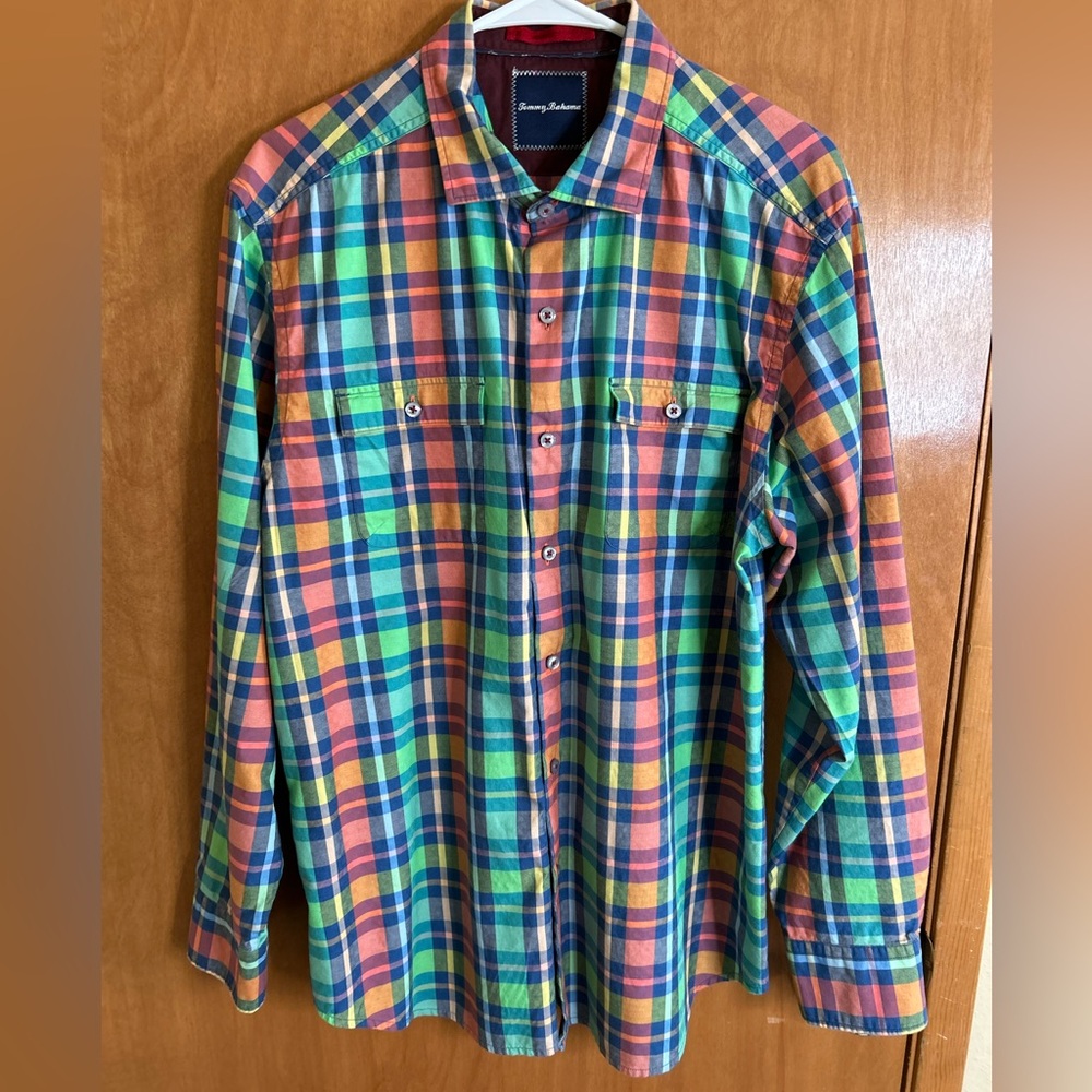 Tommy Bahama Shirt Men's L Green Check Long Sleeve Button Up Casual Cotton